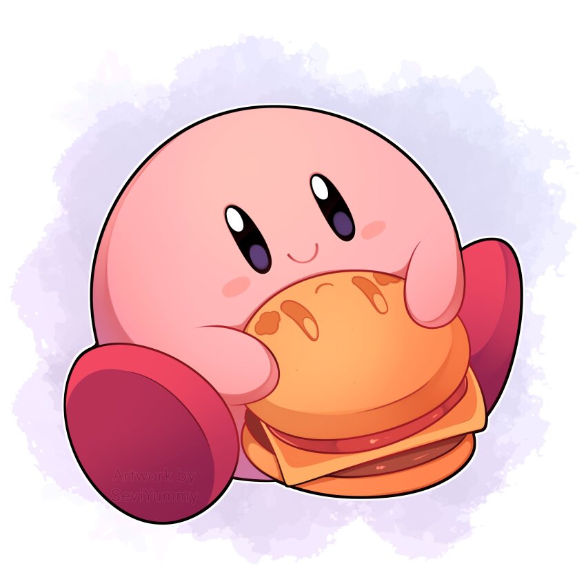 absurdres blue_background blush blush_stickers burger closed_mouth commentary food full_body highres holding holding_food kirby kirby_(series) kirby_burger looking_at_viewer nintendo no_humans sevi_(seviyummy) simple_background sitting smile solo white_background