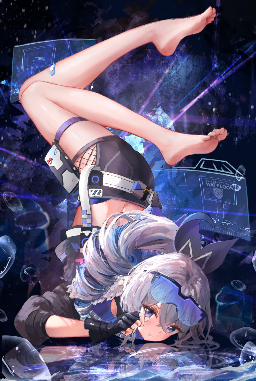 1girl absurdres ass back bare_legs barefoot black_gloves black_jacket black_shorts drill_hair enigmasli feet fishnet_cutout gloves goggles goggles_on_head grey_eyes grey_hair highres holographic_touchscreen honkai:_star_rail honkai_(series) jacket no_shoes redcxca reflective_floor short_shorts shorts silver_wolf_(honkai:_star_rail) soles solo thighs toes top-down_bottom-up