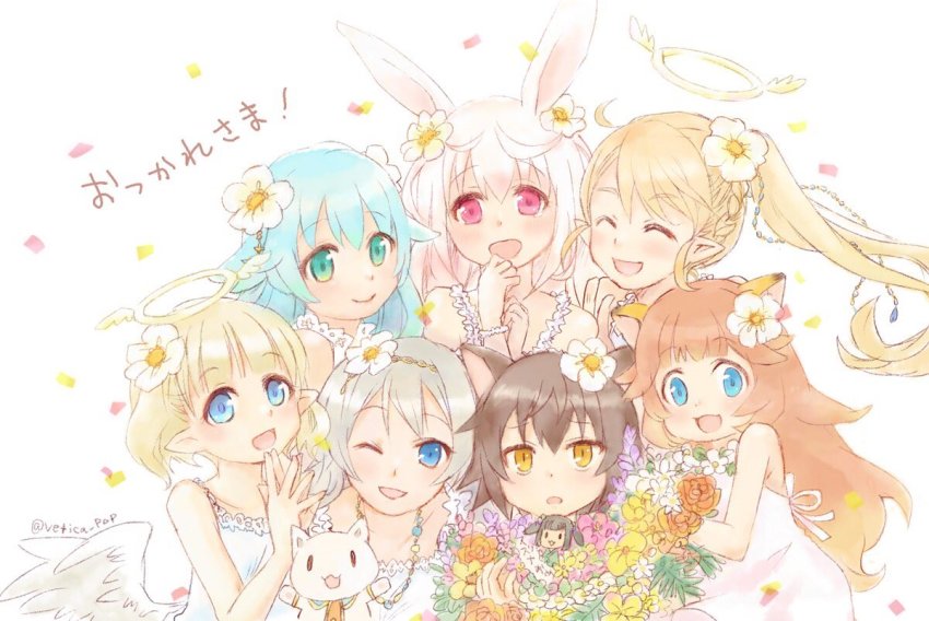 6+girls :3 angel angel_wings animal_ears blonde_hair blue_eyes blue_hair blush braid brown_hair cat cat_girl character_doll closed_eyes dog_girl doll eve_ainsworth farfalia flower french_braid gradient_hair green_eyes hair_flower hair_ornament hairband halo kirara_ookami liliana_hart lion_ears long_hair low_wings lucille_aleister misty_sheikh multicolored_hair multiple_girls pink_hair pointy_ears ponytail pop-up_story rabbit_ears rabbit_girl red_eyes renge_miyamoto shiroe_adele short_hair simple_background suzuna_isurugi translation_request twitter_username vetica white_background white_hair wings yellow_eyes