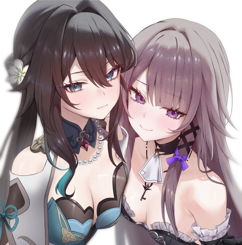 2girls absurdres aqua_dress aqua_eyes ascot asymmetrical_docking bare_shoulders bead_necklace beads black_choker black_collar black_dress black_hair blue_eyes blush breast_press breasts choker cleavage clothing_cutout collar dress grey_hair herta_(honkai:_star_rail) highres honkai:_star_rail honkai_(series) jewelry key key_necklace long_hair looking_at_viewer medium_breasts multiple_girls necklace purple_eyes purple_ribbon ribbon ruan_mei_(honkai:_star_rail) shoulder_cutout simple_background small_breasts smile strapless strapless_dress the_herta_(honkai:_star_rail) upper_body vitaminechan white_ascot white_background yuri