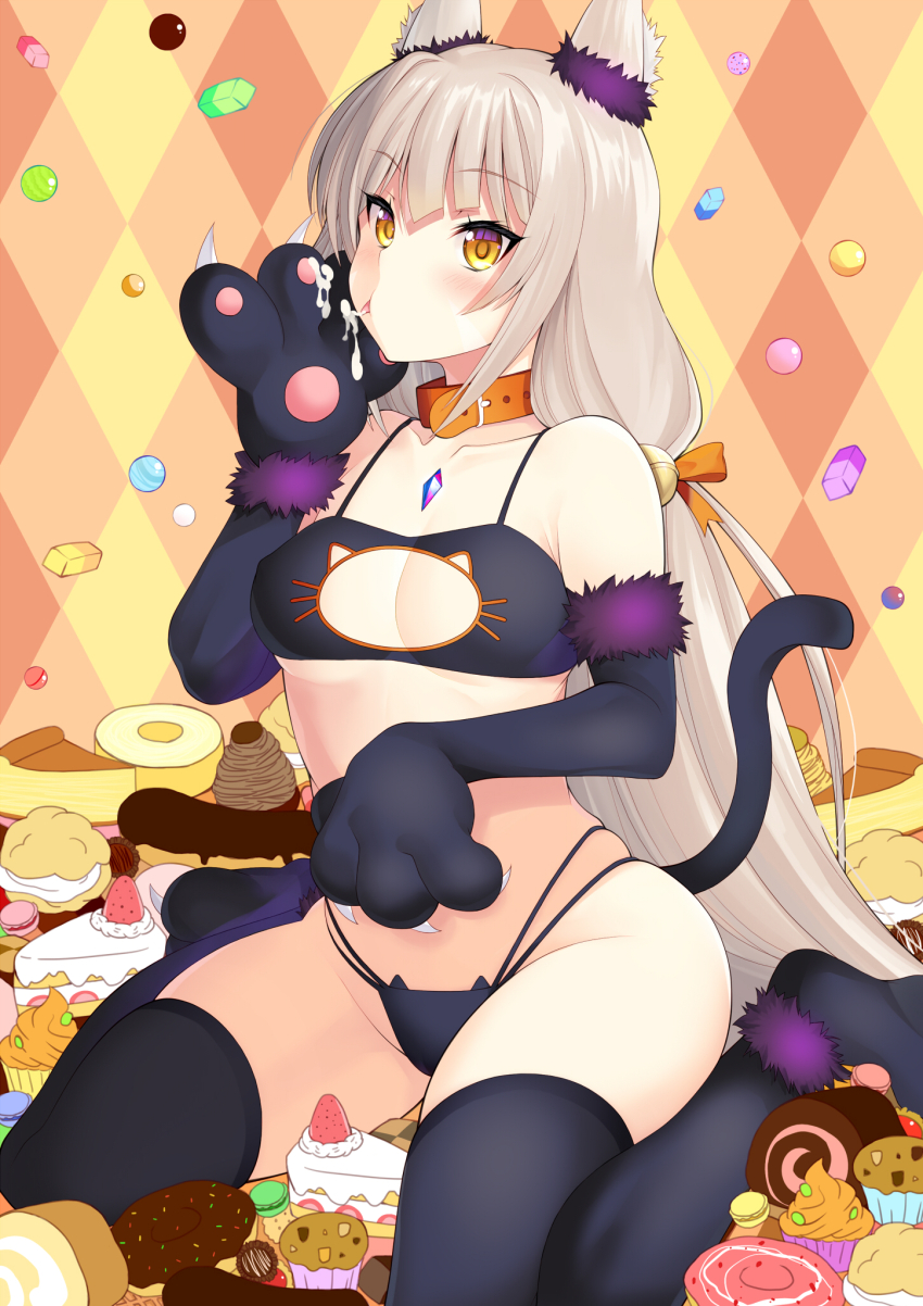 1girl alternate_costume animal_collar animal_ears animal_hands bare_shoulders black_gloves black_thighhighs blush breasts cake cat_ear_panties cat_lingerie chest_jewel collar cream_puff cupcake daive donut eclair_(food) elbow_gloves food fur-trimmed_gloves fur_trim gloves grey_hair highres licking licking_hand long_hair macaron meme_attire muffin nia_(blade)_(xenoblade) nia_(xenoblade) panties paw_gloves pue_(tokoshiro_) sitting small_breasts solo thighhighs twintails underwear very_long_hair wariza xenoblade_chronicles_(series) xenoblade_chronicles_2 yellow_eyes
