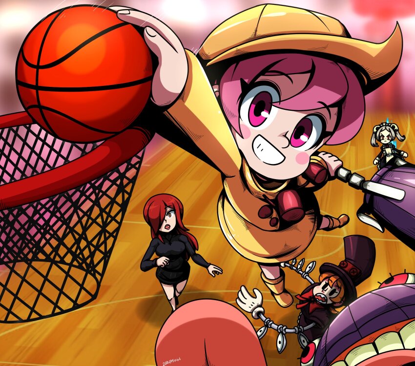 4girls ball basketball_(object) basketball_court bloody_marie_(skullgirls) blurry blurry_background blush commission dress extra_eyes eye_socket glaring grey_hair hair_ornament hat highres holding holding_ball hungern_(skullgirls) indoors jumping long_hair looking_at_another maid_headdress mechanical_arms multiple_girls parasoul_(skullgirls) peacock_(skullgirls) playing_sports raincoat red_eyes red_hair second-party_source sharp_teeth short_hair siblings sisters skull_hair_ornament skullgirls smile surprised teeth top_hat turtleneck twintails umbrella_(skullgirls) yellow_dress yellow_headwear yellow_raincoat zerotosix06