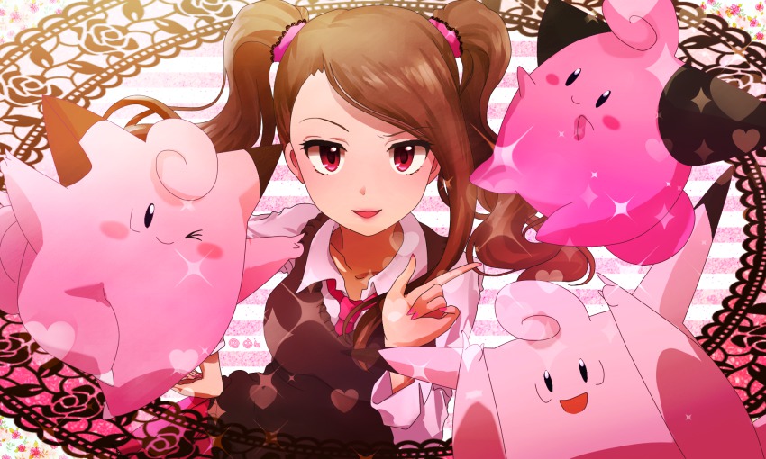 1girl brown_hair clefable clefairy cleffa crossover evolutionary_line gen_1_pokemon gen_2_pokemon highres idolmaster idolmaster_(classic) long_hair minase_iori nintendo pokemon pokemon_(creature) red_eyes scrunchie shirt sweater_vest twintails yuyu_(yuyurhythm)