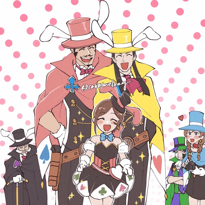 2girls 4boys ace_attorney animal_ears apollo_justice:_ace_attorney arm_behind_back ascot belt_pouch black_cape black_hat black_pants blue_bow blue_bowtie blue_cape blue_eyes blue_hat bluesky_username blush_stickers bow bowtie braided_twintails brown_hair camera cane cape caramelrag closed_mouth clothes_lift corset crossed_arms detached_collar dress dress_lift facial_hair fake_animal_ears gloves goatee green_hat green_vest hat highres holding holding_camera holding_cane lamiroir_(ace_attorney) low_twintails magnifi_gramarye manov_mistree medium_hair multiple_boys multiple_girls mustache pants pouch purple_hat purple_vest rabbit_ears red_ascot short_hair smile sparkle strapless strapless_dress teeth top_hat trucy_wright twintails two-tone_hat two-tone_vest valant_gramarye vest white_gloves yellow_cape yellow_hat zak_gramarye