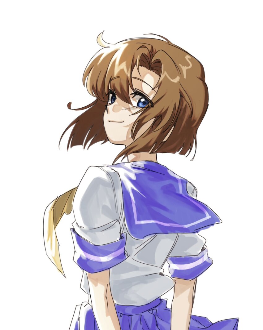 1girl arms_behind_back blue_eyes blue_sailor_collar blue_skirt brown_hair closed_mouth curtained_hair highres higurashi_no_naku_koro_ni ihwa0283 looking_at_viewer pleated_skirt ryuuguu_rena sailor_collar school_uniform serafuku shirt short_hair short_sleeves simple_background sketch skirt smile solo upper_body white_background white_shirt