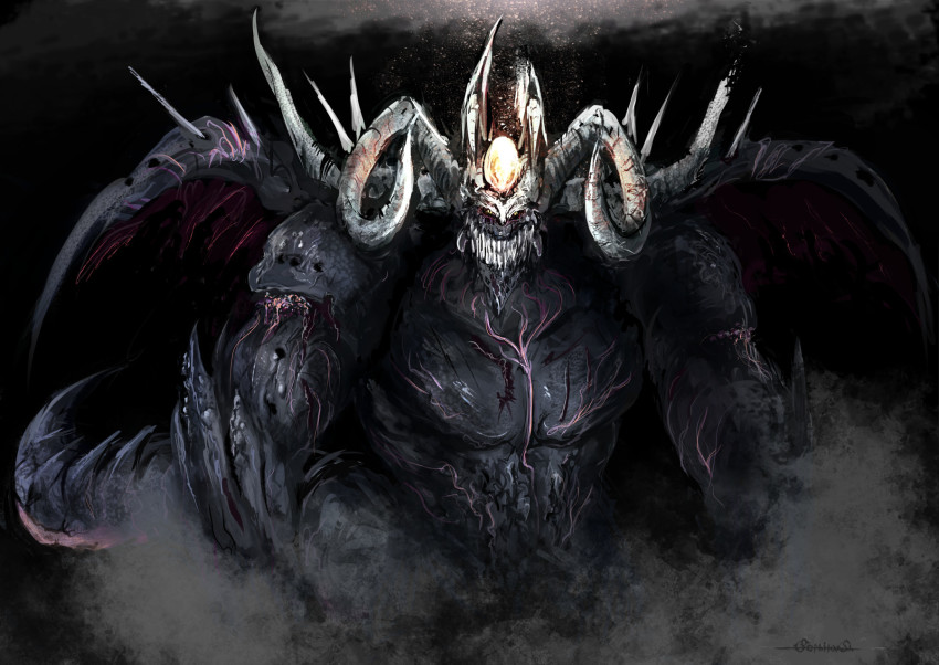 demon fire_emblem fire_emblem:_the_sacred_stones fomortiis_(fire_emblem) highres horns looking_at_viewer muscular muscular_male nintendo sephilash slit_pupils tail teeth upper_body wings yellow_eyes