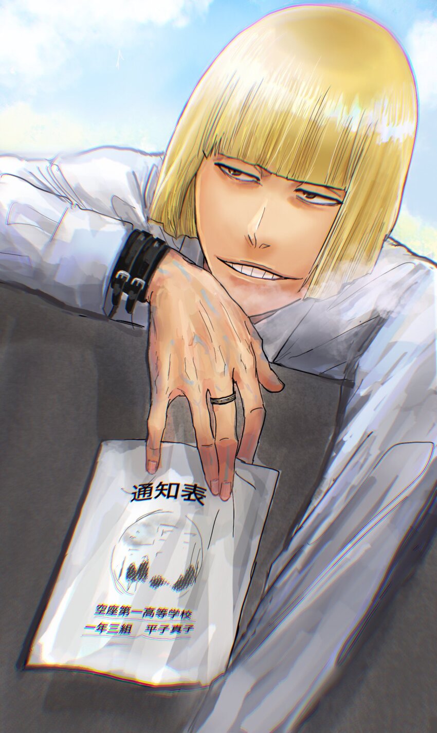 1boy bleach blonde_hair blunt_bangs blunt_ends brown_eyes commentary hail_stan highres hirako_shinji holding holding_paper jewelry long_sleeves looking_to_the_side male_focus paper ring shirt short_hair simple_background solo teeth translation_request upper_teeth_only white_shirt