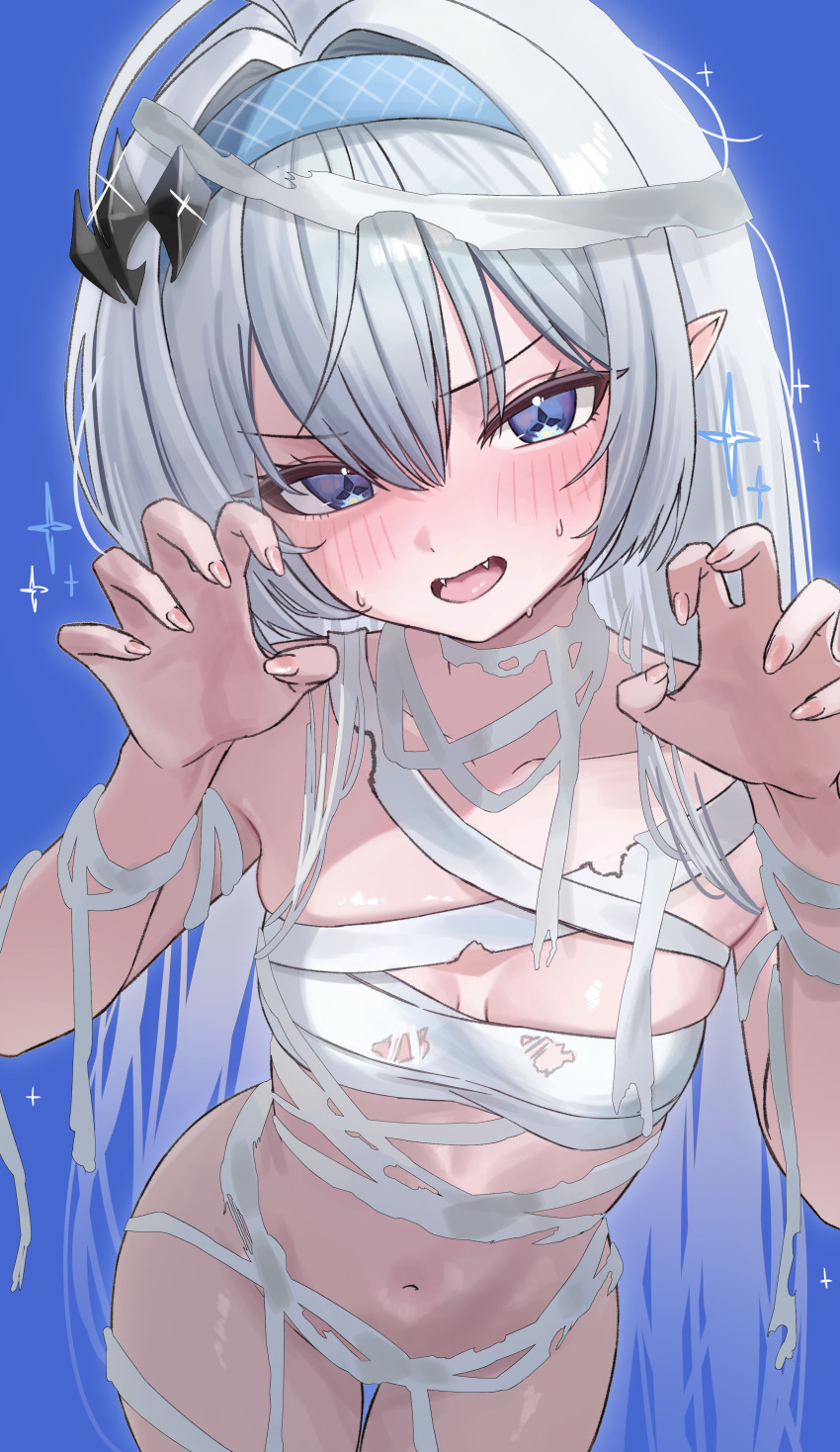 1girl absurdres ahoge bandages blue_background blue_eyes blush breasts claw_pose collarbone commentary cowboy_shot fang fangs female_tyrant_(stella_sora) fingernails grey_hair hair_between_eyes hair_ornament hands_up highres long_hair looking_at_viewer mummy_costume naked_bandage navel open_mouth pointy_ears simple_background small_breasts solo sparkle sparkling_aura stella_sora stomach sweat symbol-shaped_pupils torn_bandages tyrant_(stella_sora) very_long_hair white_hair yamu_(yamu_030)