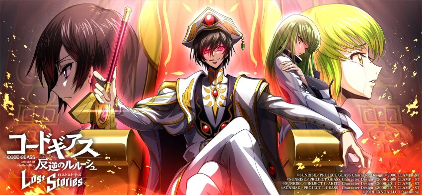 1boy 1girl black_hair bodysuit c.c. code_geass code_geass:_lost_stories commentary_request f4samurai from_side geass green_hair hat head_tilt hetero highres lelouch_vi_britannia long_hair official_art purple_eyes short_hair simple_background smile straitjacket very_long_hair white_bodysuit white_hat yellow_eyes