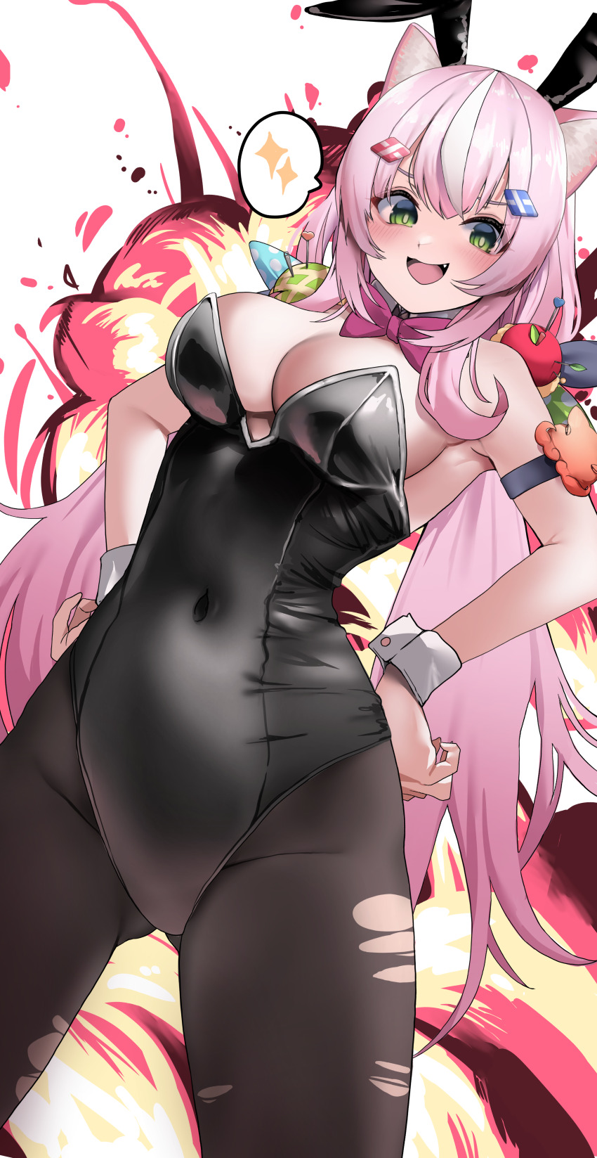 1girl absurdres animal_ears bare_shoulders black_leotard black_pantyhose blush breasts cat_ears cat_girl commentary covered_navel explosion explosion_background fang green_eyes hair_ornament hairclip highres large_breasts leotard long_hair multicolored_hair nekozane_ryo nijisanji nijisanji_kr open_mouth pantyhose pink_hair playboy_bunny pushpin simple_background smile solo spoken_sparkle streaked_hair torn_clothes torn_pantyhose twintails two-tone_hair virtual_youtuber white_background white_hair white_wrist_cuffs wrist_cuffs yang_nari