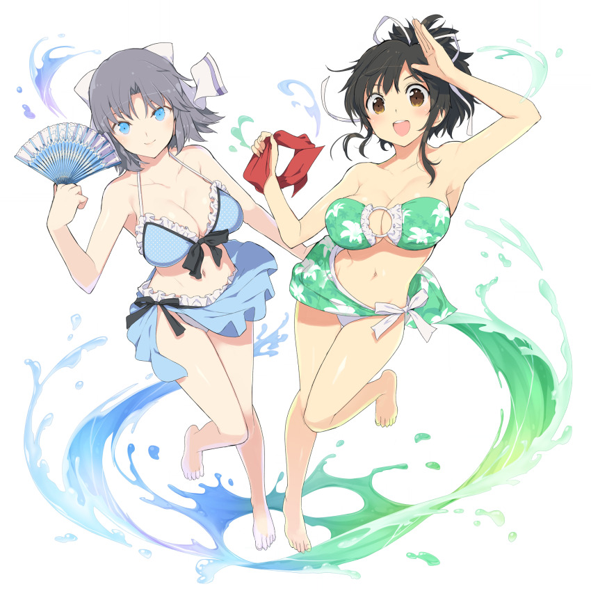 2girls :d asuka_(senran_kagura) bare_shoulders barefoot bikini black_bow black_hair blue_bikini blue_eyes blush bow breasts brown_eyes cleavage closed_mouth collarbone feet floral_print folding_fan frilled_bikini frills game_cg green_bikini grey_hair groin hair_bow hair_ribbon hand_fan highres holding holding_fan holding_unworn_clothes holding_unworn_scarf kandagawa_jet_girls large_breasts legs looking_at_viewer multiple_girls navel non-web_source o-ring o-ring_bikini official_art open_mouth paper_fan ponytail red_scarf ribbon salute scarf senran_kagura senran_kagura_estival_versus shiny_skin short_hair short_ponytail simple_background smile strapless strapless_bikini striped_bow swimsuit swimsuit_skirt swirl teeth toenails toes tongue transparent_background unworn_scarf upper_teeth_only white_bow white_ribbon yaegashi_nan yumi_(senran_kagura)