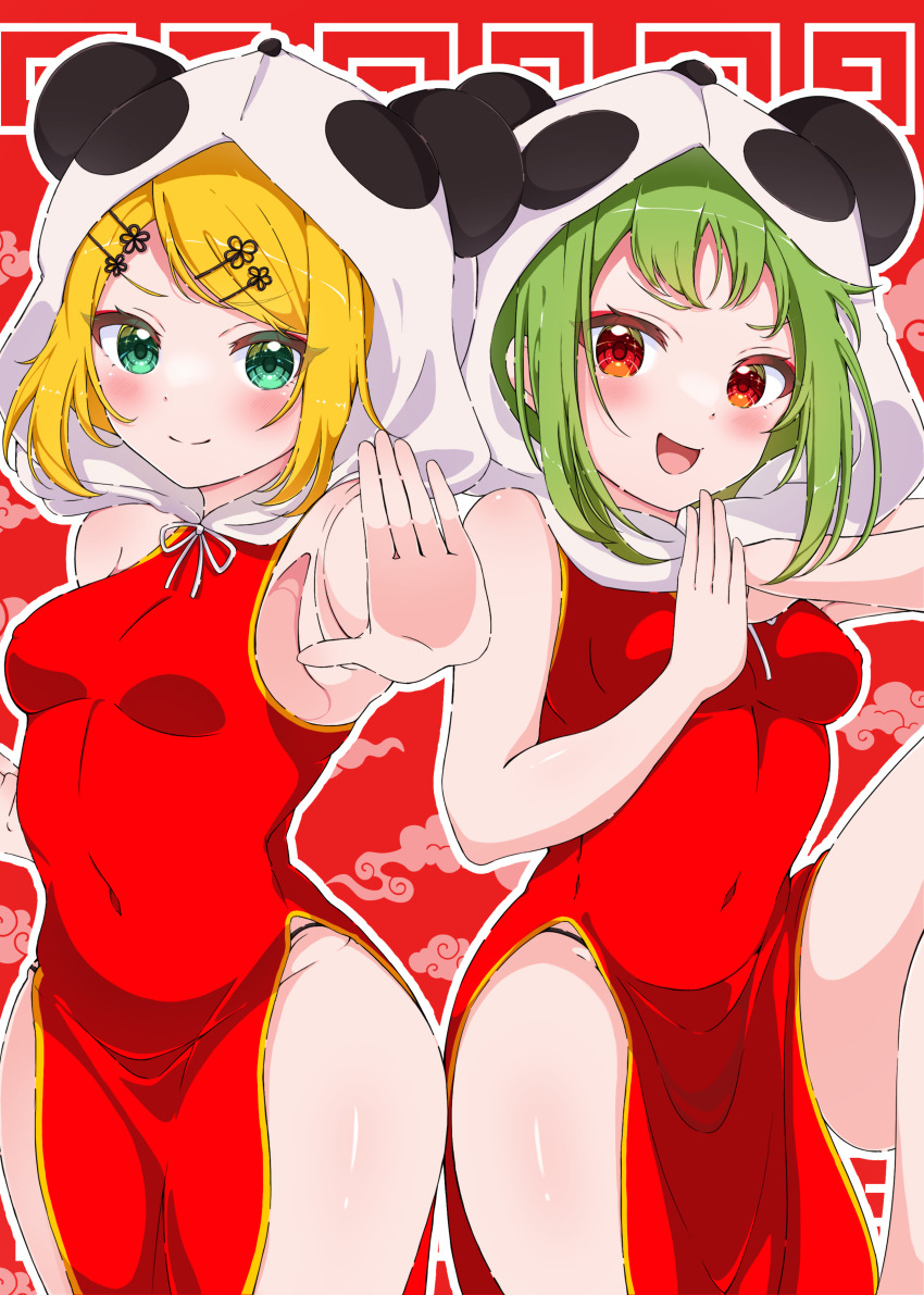 2girls :d absurdres animal_hood bare_shoulders blonde_hair blush breasts china_dress chinese_clothes covered_navel dress green_eyes green_hair gumi hair_ornament hairclip highres hood hood_up kagamine_rin looking_at_viewer multiple_girls open_mouth red_dress red_eyes sen_chan_(akane1023) short_hair side_slit smile standing thighs yi_er_fan_club_(vocaloid)