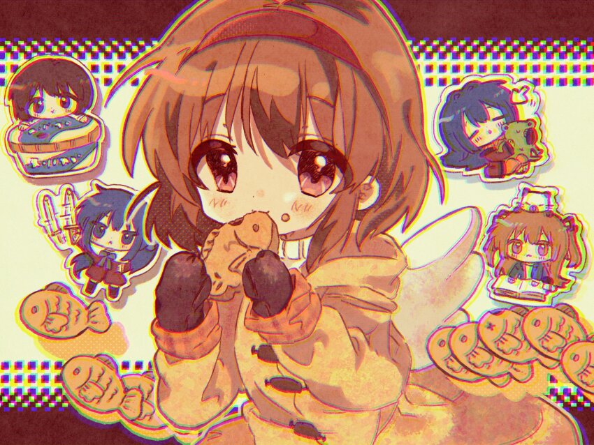 5girls black_mittens brown_coat brown_hair cat chromatic_aberration coat eating food food_on_face hairband highres kamizakana_iriko kanon kawasumi_mai keropii minase_nayuki misaka_shiori mittens multiple_girls piro red_eyes red_hairband sawatari_makoto short_hair solo_focus stuffed_animal stuffed_frog stuffed_toy sword taiyaki tsukimiya_ayu wagashi weapon winged_bag