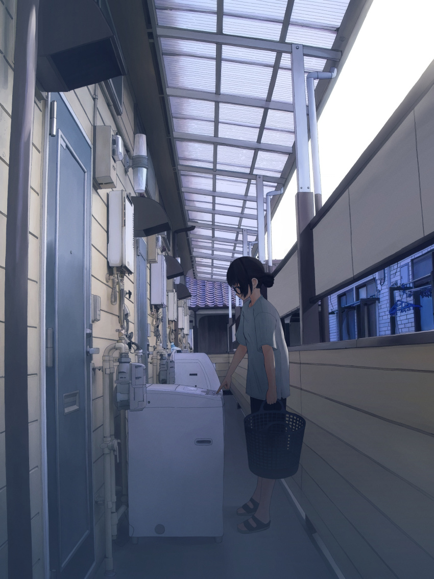 1girl apartment basket black_hair building door glasses hair_bun highres holding holding_basket laundry_basket original photo-referenced scenery shirt short_hair slice_of_life solo top-load_washing_machine unagi189 washing_machine white_shirt window