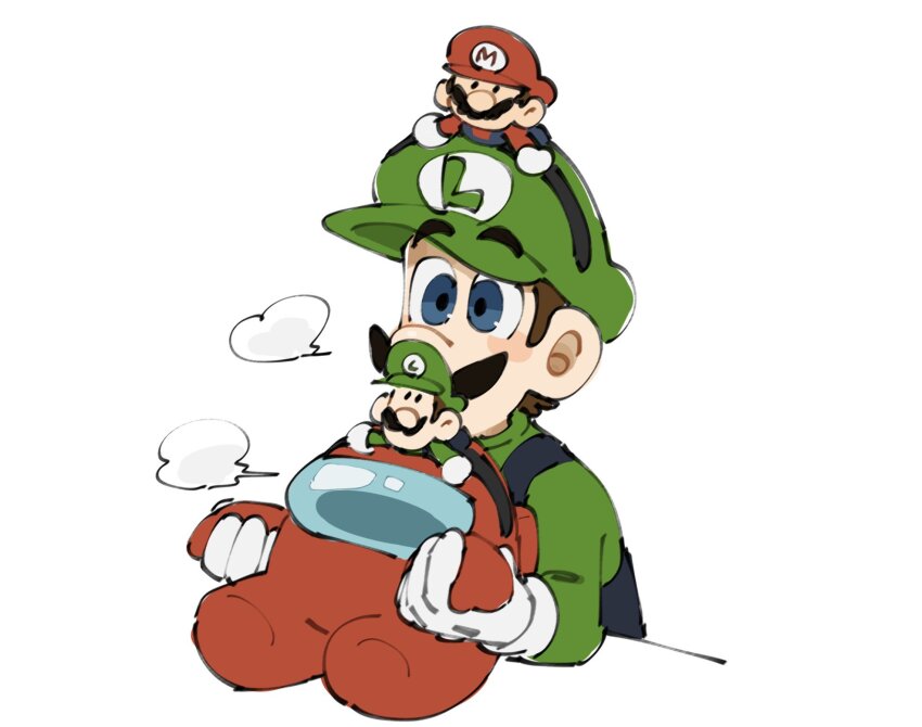 2boys among_us blue_eyes blue_overalls brown_hair crossover facial_hair gloves green_shirt hat highres luigi male_focus mario mario_(series) mimimi_(mimimim9999) multiple_boys mustache nintendo open_mouth overalls red_(among_us) shirt short_hair