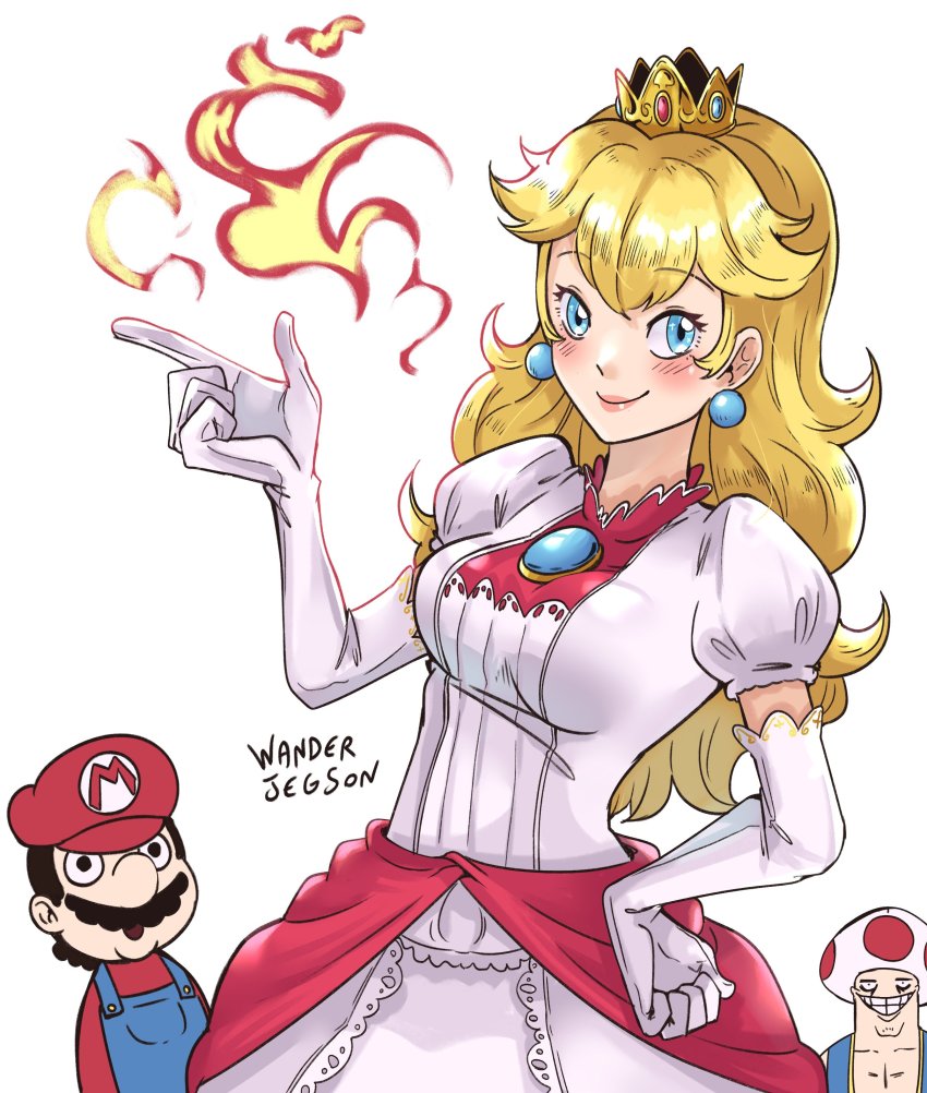 1girl 2boys absurdres black_hair blonde_hair blue_eyes blush breasts crown dress earrings facial_hair fire fire_peach gloves grin hand_on_own_hip hat highres jewelry long_hair looking_at_viewer mario mario_(series) medium_breasts multiple_boys mustache nintendo princess_peach smile smug the_super_mario_bros._movie toad_(mario) wanderjegson white_dress