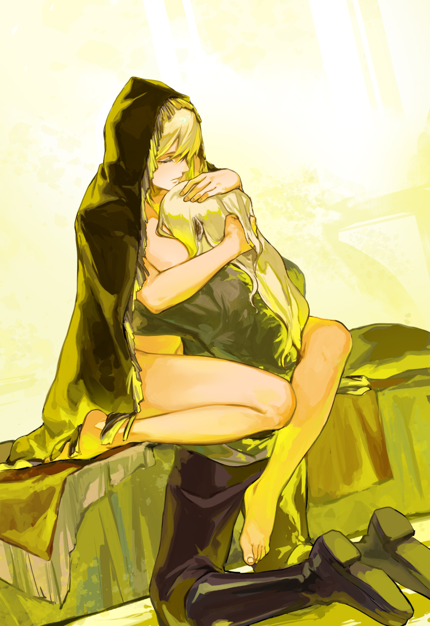 1boy 1girl barefoot between_breasts black_cloak black_footwear black_pants blonde_hair breasts chinese_commentary choa_(narko11897) cloak closed_eyes closed_mouth commentary elden_ring face_between_breasts facing_another facing_down fia_the_deathbed_companion green_shirt hands_on_another&#039;s_head head_between_breasts highres hood hood_up hooded_cloak hug kneeling large_breasts long_hair long_sleeves naked_cloak on_bed pants shirt sitting