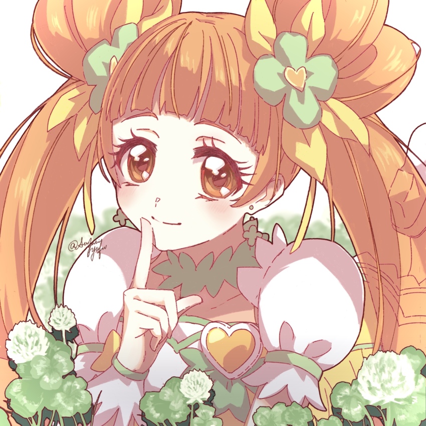 1girl bow brooch brown_eyes brown_hair choker clover clover_earrings cure_rosetta dokidoki!_precure four-leaf_clover green_choker hair_bun hair_ornament heart heart_brooch highres jewelry long_hair magical_girl precure ribbon smile solo suzumi_yufu twintails twitter_username upper_body yotsuba_alice