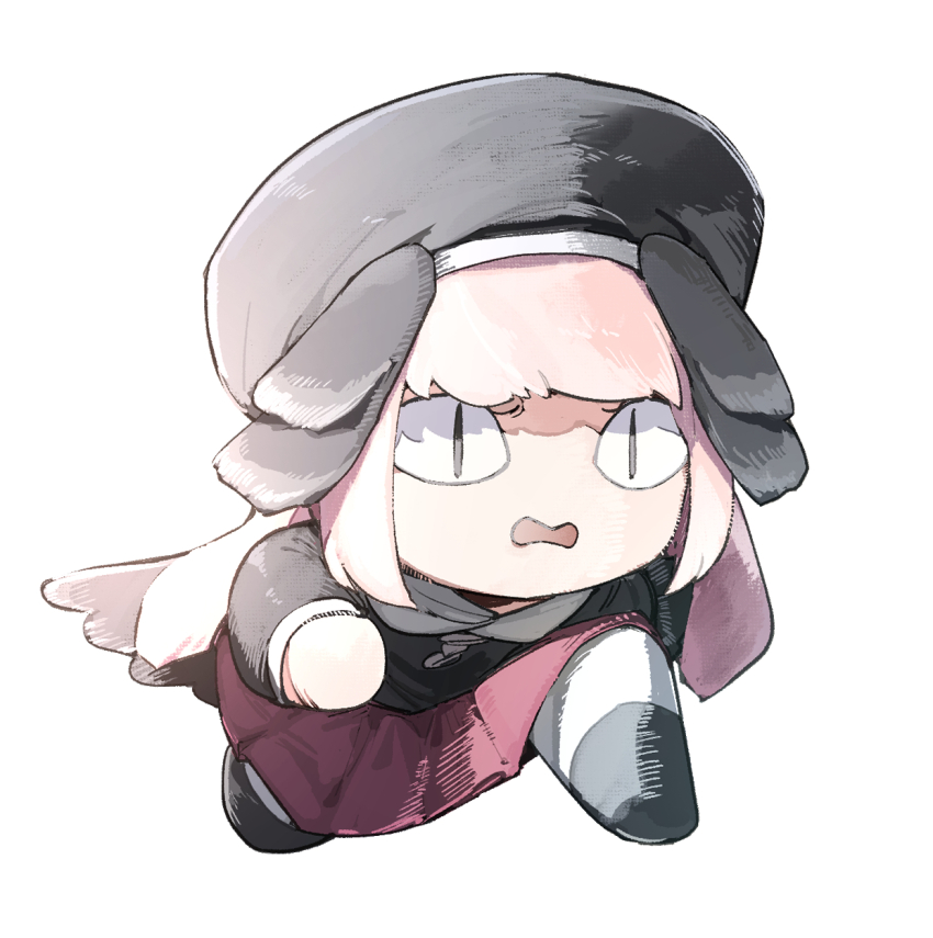 &lt;|&gt;_&lt;|&gt; 1girl 3: black_hat black_shoes blue_archive chibi hat highres koharu_(blue_archive) long_hair maton_3110 open_mouth pink_hair red_skirt running school_uniform shoes skirt socks solo white_background white_socks