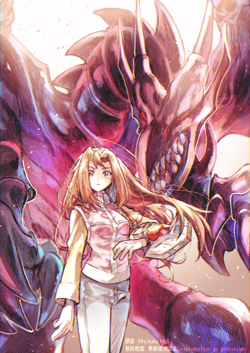1girl absurdres artist_name breasts brown_eyes brown_hair chinese_text closed_mouth commentary cowboy_shot dragon duel_disk english_text eyebrows highres kawai_shizuka legs_together long_hair long_sleeves looking_at_viewer open_mouth pants red-eyes_black_dragon red_eyes sharp_teeth shirt solo sparkle standing sugomori_tsuru_(hana_tsuru_wo) teeth vest white_pants yu-gi-oh! yu-gi-oh!_duel_monsters