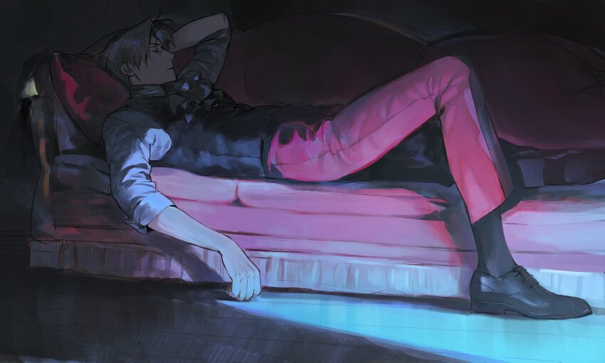 1boy ace_attorney ascot black_shoes black_socks couch full_body grey_hair highres indoors lying male_focus miles_edgeworth night on_back on_couch pillow quxiaochong shirt shoes short_hair sleeping socks solo white_shirt