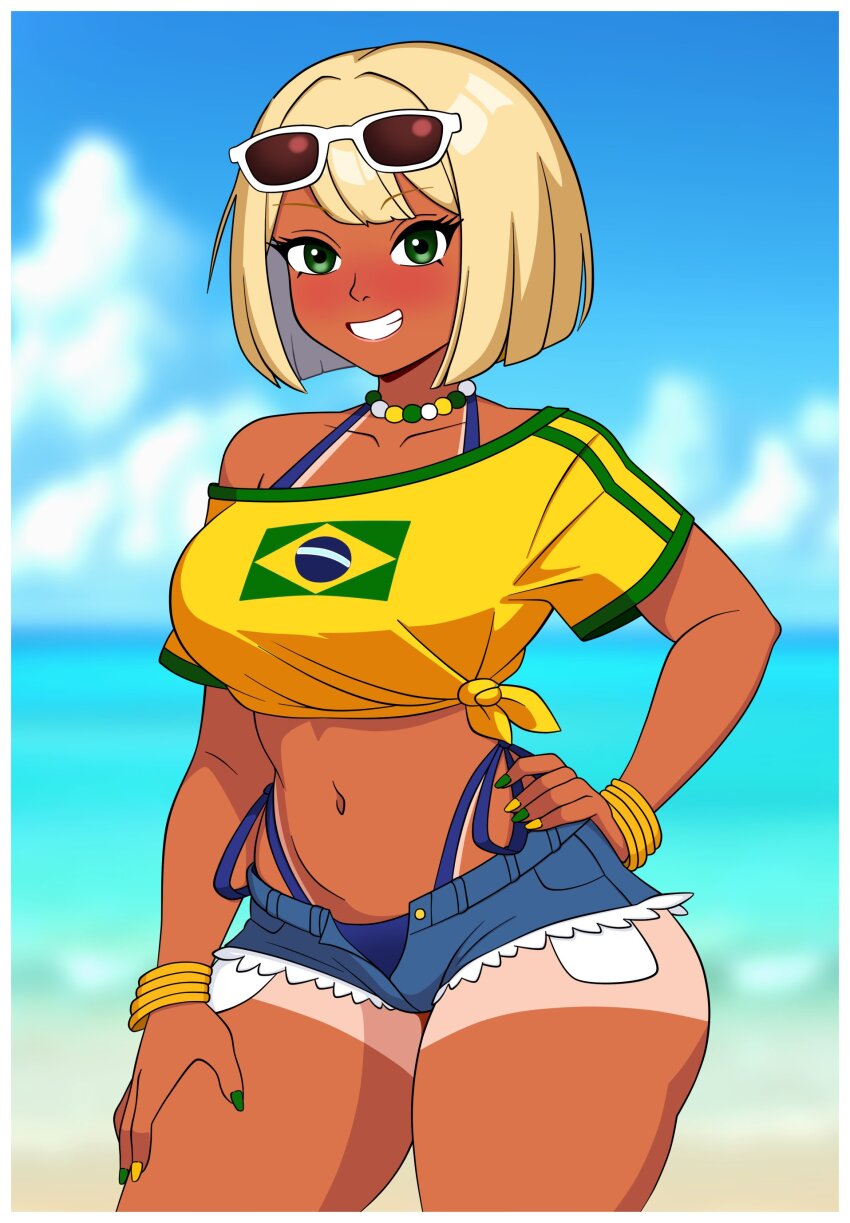 1girl 2025 absurdres alternate_costume alternate_skin_color ass beach bead_necklace beads bikini bikini_under_clothes blonde_hair blue_shorts blurry blurry_background blush bob_cut bracelet brazilian_flag brazilian_flag_print brazilian_miku brazilian_miku_(cosplay) breasts collarbone commentary contrapposto cosplay crop_top dark-skinned_female dark_skin denim denim_shorts depth_of_field earrings english_commentary exposed_pocket eyebrows_hidden_by_hair eyewear_on_head flag_print flip-flops flower green_nails grin hair_flower hair_ornament hand_on_own_hip hand_on_own_thigh hatsune_miku hibiscus highres jewelry long_hair makeup mcarthur1010 medium_breasts medium_hair mina_(mcarthur1010) multicolored_nails multiple_bracelets nail_polish navel necklace ocean off-shoulder_shirt off_shoulder original outdoors pink_lips sand sandals shirt shore short_sleeves shorts side-tie_bikini_bottom smile standing sunglasses swept_bangs swimsuit tan thick_thighs thighs thong thong_bikini toenail_polish toenails torn_clothes torn_shorts unzipped_pants very_long_hair vocaloid yellow_nails