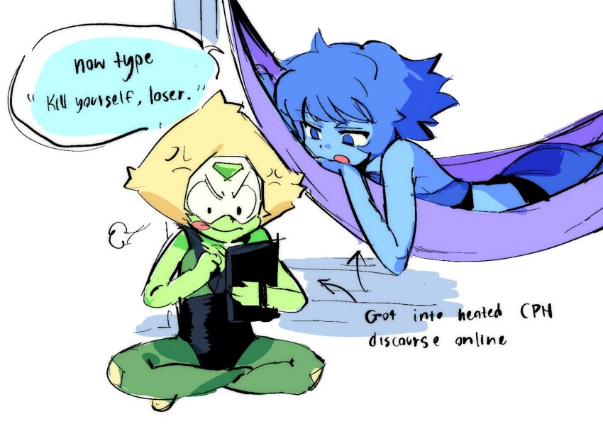 2girls anger_vein blonde_hair blue_eyes blue_hair blue_skin colored_skin english_text green_skin hammock highres holding holding_tablet_pc lapis_lazuli_(steven_universe) multiple_girls open_mouth peridot_(steven_universe) short_hair steven_universe sunnyirry tablet_pc tongue tongue_out