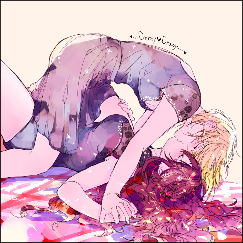 2girls amane_(7783) blonde_hair blue_dress breasts cleavage closed_eyes commentary dress earrings english_commentary english_text hand_on_another&#039;s_thigh heart highres ichinose_shiki idolmaster idolmaster_cinderella_girls jewelry kiss long_hair medium_breasts miyamoto_frederica multiple_girls red_hair short_hair short_sleeves sidelocks straddling sweatdrop yuri