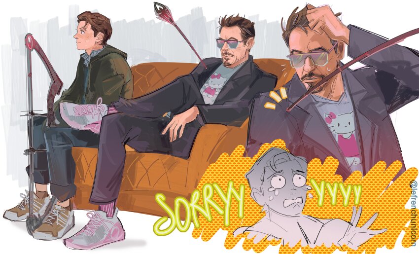 2boys arrow_(projectile) artist_name black_jacket black_pants blue-tinted_eyewear blue_shirt blush bow_(weapon) brown_eyes brown_hair character_name closed_mouth collared_shirt couch crossed_legs crying crying_with_eyes_open english_text facial_hair father_shot_by_son_(meme) french-unicorn full_body green_jacket grey_shirt hand_on_own_head hand_up hello_kitty hello_kitty_(character) highres hood hooded_jacket jacket lapels long_sleeves looking_afar marvel marvel_cinematic_universe meme multiple_boys multiple_views notice_lines on_couch open_clothes open_jacket pants peter_parker plaid_clothes plaid_shirt purple-framed_eyewear purple-tinted_eyewear purple_socks sanrio shadow shirt shoes short_hair simple_background sitting sneakers socks striped_clothes striped_socks suit_jacket sunglasses sweatdrop t-shirt tears tinted_eyewear tony_stark upper_body vertical-striped_clothes vertical-striped_socks weapon white_background