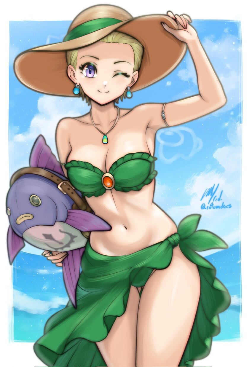 1girl adjusting_clothes adjusting_headwear armlet bikini blonde_hair blue_gemstone blue_sky border breasts cleavage cloud collarbone commentary commission cowboy_shot dragon_quest dragon_quest_rivals dragon_quest_xi earrings english_commentary gem gluteal_fold green_bikini green_sarong hair_slicked_back hat hero_(dq11) highres holding holding_stuffed_toy jewelry ko-fi_commission looking_at_viewer medium_breasts navel necklace official_alternate_costume official_alternate_hair_length official_alternate_hairstyle one_eye_closed pixie_cut purple_eyes red_gemstone ring rotomdocs sarong senya_(dq11) short_hair sky smile solo strapless strapless_bikini stuffed_animal stuffed_fish stuffed_toy sun_hat swimsuit twitter_username water white_border