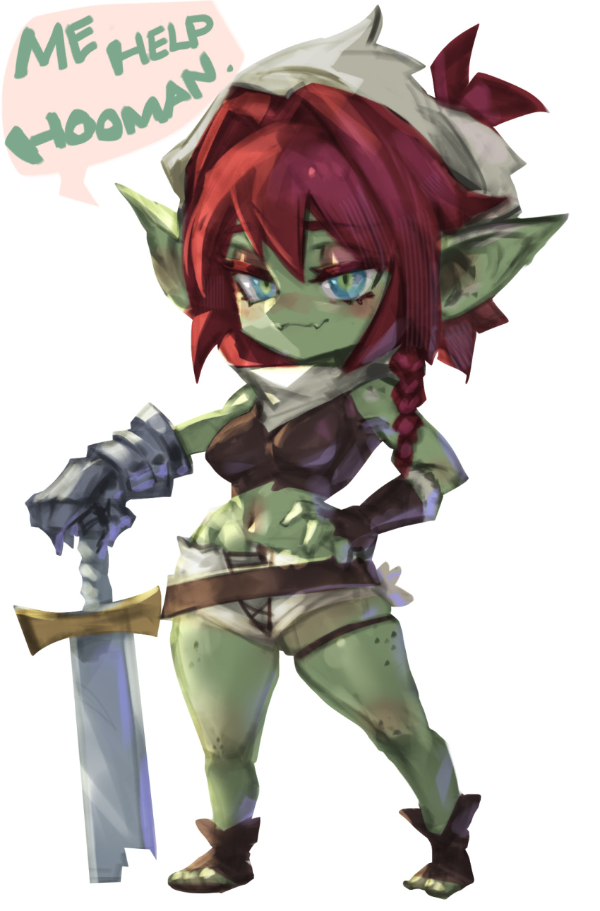 1girl bare_shoulders breasts broken broken_sword broken_weapon colored_skin english_text fangs fingerless_gloves full_body gauntlets gloves green_skin hair_between_eyes hair_intakes highres medium_breasts medium_hair navel open_clothes open_shorts original phantom_ix_row pointy_ears red_hair shiny_skin shorts simple_background single_gauntlet single_glove smile solo stomach sword weapon white_background