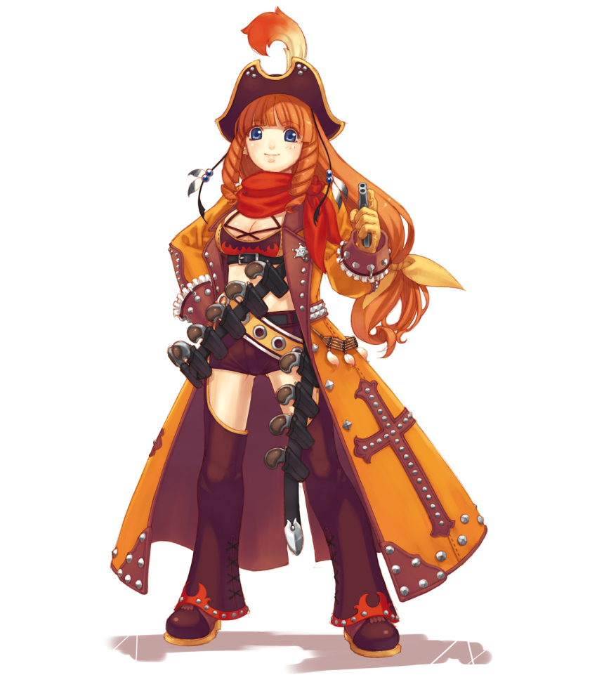 1girl blue_eyes break-action_pistol breasts cleavage corsair cross derringer double-barreled_pistol drill_hair female_focus gun handgun highres hirano_katsuyuki iglaine large_breasts long_hair low-tied_long_hair multiple-barrel_gun over-and-under-barreled_pistol pirate pistol pocket_pistol red_hair solo spectral_(series) spectral_souls weapon white_background