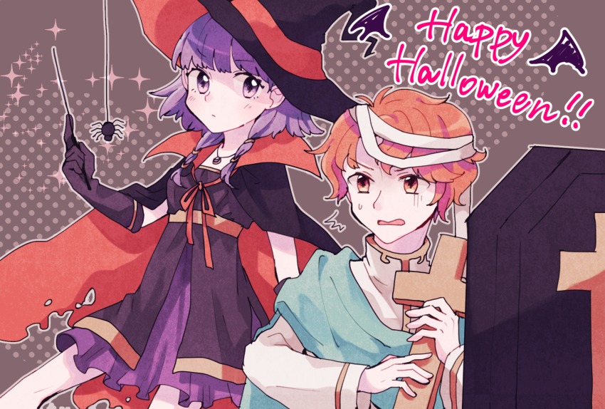 1boy 1girl ^^^ adapted_costume artur_(fire_emblem) bad_id bad_pixiv_id bandaged_head bandages bug cape coffin couple cowboy_shot cross dress fire_emblem fire_emblem:_the_sacred_stones gloves happy_halloween hat hetero highres jewelry looking_at_another lute_(fire_emblem) neck_ribbon necklace nintendo open_mouth orange_eyes orange_hair polka_dot polka_dot_background purple_eyes purple_hair ribbon robe sash short_hair spider sushitarou sweatdrop turtleneck twintails upper_body wand wavy_mouth witch_hat