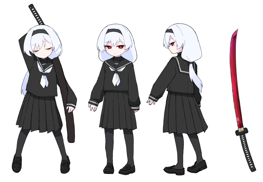 1girl black_hairband black_pantyhose black_sailor_collar black_shirt black_shoes black_skirt bright_pupils commentary_request full_body hairband highres holding holding_sword holding_weapon katana long_hair mary_janes multiple_views neckerchief original pantyhose paskmel pleated_skirt red_eyes sailor_collar school_uniform serafuku shirt shoes skirt standing sword weapon white_background white_hair white_neckerchief white_pupils
