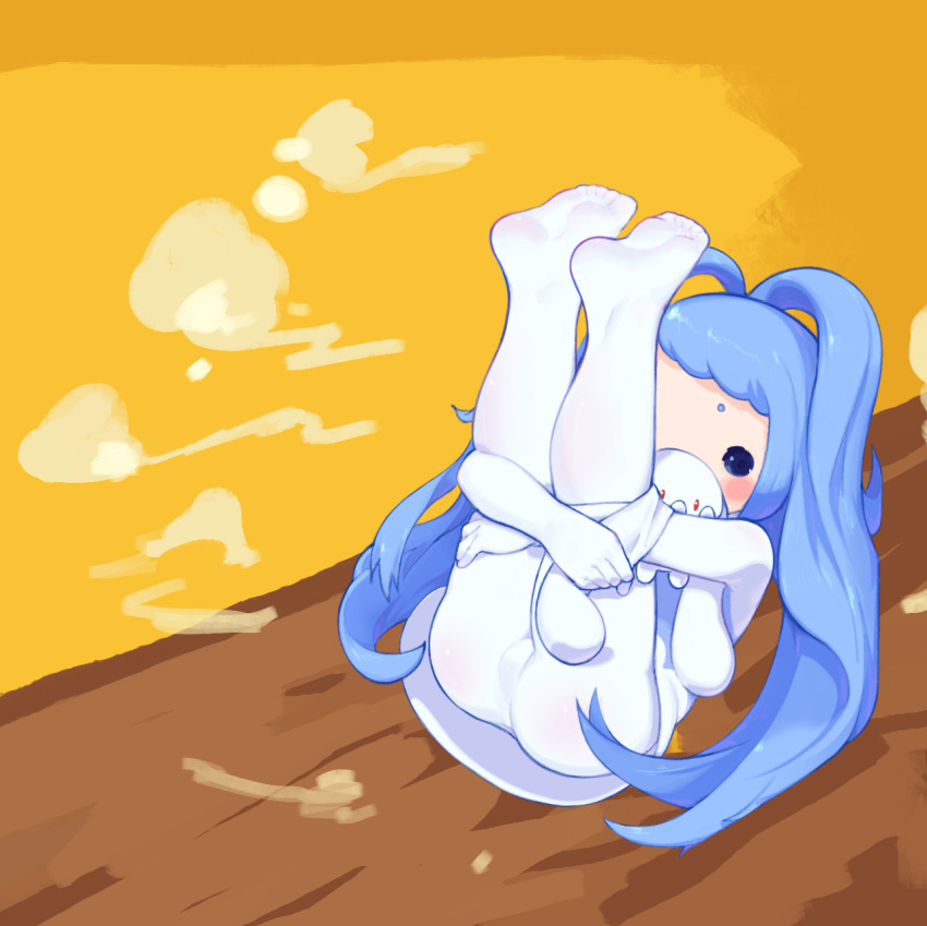 1girl ass blue_eyes blue_hair blush bodysuit chibi daer_maodou_(roco_kingdom:world) doll feet highres legs_up liang_xiaobao long_hair lying no_shoes on_back pantyhose roco_kingdom roco_kingdom:world soles solo very_long_hair white_bodysuit white_pantyhose xueying_wawa_(roco_kingdom:world)