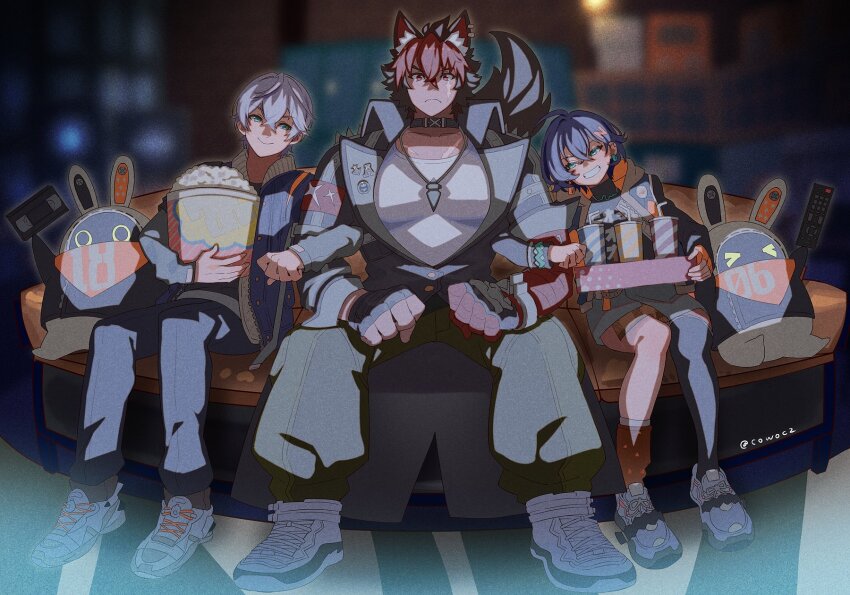 &gt;_&lt; 1girl 2boys animal_ear_fluff animal_ears bandaged_arm bandages bangboo_18_(zenless_zone_zero) bangboo_6_(zenless_zone_zero) belle_(zenless_zone_zero) black_gloves black_hair black_jacket blue_hair blurry blurry_background boy_and_girl_sandwich closed_mouth commentary_request controller couch fingerless_gloves food gloves grey_hair grin hair_ornament highres indoors jacket komano_manato locked_arms long_sleeves multicolored_hair multiple_boys pants popcorn red_hair remote_control sandwiched scar scar_across_eye scar_on_face shirt shoes single_thighhigh sitting smile sneakers tail tetsu_(teppei) thighhighs videocassette wise_(zenless_zone_zero) zenless_zone_zero