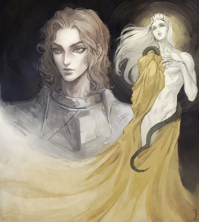 1boy armor artist_name bishounen breastplate commentary crown divine_being fear_&amp;_hunger fear_&amp;_hunger_(series) fear_&amp;_hunger_1 floating_hair grey_eyes highres le&#039;garde_(fear_&amp;_hunger) light_brown_hair long_hair male_focus medium_hair multiple_views naked_robe nat_the_lich no_eyes open_clothes open_robe painterly robe sidelocks simple_background snake spoilers upper_body wavy_hair white_hair yellow_robe