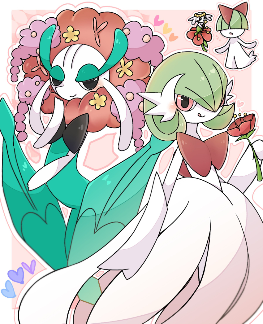 1other 2girls absurdres arched_back arm_at_side big_hair black_eyes blunt_bangs blush bob_cut border bowl_cut closed_mouth colored_skin covered_eyes dress elbow_gloves female_focus flabebe flabebe_(red_flower) flat_chest florges florges_(red_flower) flower gardevoir gen_3_pokemon gen_6_pokemon gloves green_hair hair_flower hair_ornament hair_over_eyes hair_over_one_eye half-closed_eyes hand_up happy heart highres holding holding_flower licking_lips long_dress looking_at_viewer mega_gardevoir mega_pokemon monster_girl multicolored_hair multiple_girls nintendo notice_lines one_eye_covered open_mouth outline outside_border pink_hair plant_girl pokemon pokemon_(creature) ralts red_eyes red_flower red_hair short_hair smile suzu_(pixiv_32232702) tongue tongue_out two-tone_hair white_border white_dress white_gloves white_outline white_skin yellow_flower