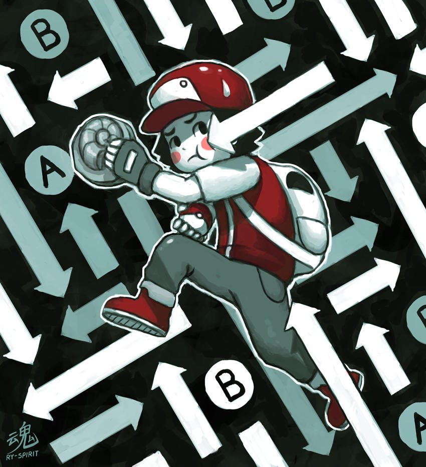 1boy absurdres arrow_(symbol) backpack bag baseball_cap black_hair blush_stickers colored_skin commentary english_commentary fingerless_gloves fossil frown game_freak gloves hat helix_fossil highres holding holding_poke_ball male_focus nintendo pants poke_ball poke_ball_(basic) pokemon pokemon_rgby red_(pokemon) red_footwear ry-spirit shoes short_sleeves signature too_many twitch_plays_pokemon walking white_skin