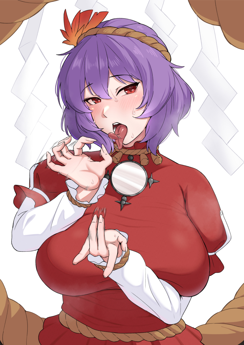 1girl afterimage blush breasts bunsuirei commentary fellatio_gesture fingering_gesture fingernails hair_ornament highres large_breasts layered_sleeves leaf_hair_ornament long_fingernails long_sleeves long_tongue looking_at_viewer motion_lines open_mouth purple_hair red_eyes red_shirt rope shimenawa shirt short_hair short_over_long_sleeves short_sleeves solo sweat teeth tongue tongue_out touhou upper_body white_background white_sleeves yasaka_kanako