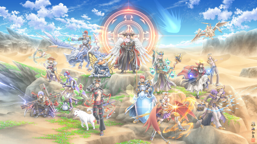 5girls 6+boys absurdres abyss_chaser_(ragnarok_online) ace_(playing_card) ace_of_hearts alternate_color animal_ears animal_print arch_mage_(ragnarok_online) armor bandana belt biolo_(ragnarok_online) bird black_bodysuit black_gloves black_hat black_pants black_shirt black_shoes black_skirt black_thighhighs blonde_hair blue_bow blue_crown blue_fire blue_shirt blue_sky bodysuit book bow bow_(weapon) breastplate brown_coat brown_hat brown_pants butterfly_wings cameo cape card cat_ears circlet closed_mouth clothing_cutout coat coat_on_shoulders commentary crop_top cross crown cryokinesis day desert detached_sleeves dragon dragon_knight_(ragnarok_online) elemental_master_(ragnarok_online) energy_ball energy_barrier english_commentary eyewear_on_head facial_hair fake_animal_ears fake_wings feathered_wings fingerless_gloves fire fishnet_thighhighs fishnets flaming_skull floating_skull flower flower_in_mouth flying frilled_shirt_collar frills full_body fur-trimmed_jacket fur-trimmed_pants fur-trimmed_skirt fur-trimmed_sleeves fur_collar fur_trim gachimuchi gauntlets gears gloves goatee goggles gold_trim grass greatsword green_gloves green_horns green_shirt grey_belt grey_gloves grey_hair grey_pants griffin gryphon_(ragnarok_online) hair_bow hair_over_one_eye hat heart high_heels highres holding holding_book holding_bow_(weapon) holding_flail holding_paintbrush holding_polearm holding_sword holding_weapon horns imperial_guard_(ragnarok_online) inquisitor_(ragnarok_online) insect_wings jacket ka10 large_cross long_hair long_sleeves looking_afar looking_at_another looking_at_viewer magic magic_circle mary_janes medium_hair miniskirt multiple_boys multiple_girls odd_one_out official_alternate_costume open_clothes open_coat open_jacket open_mouth outdoors paintbrush pants pauldrons penguin plant playing_card pleated_skirt pointy_ears polearm print_jacket purple_cape purple_gloves purple_hair purple_skirt purple_vest ragnarok_online red_bandana red_bow red_cape red_coat red_eyes red_sleeves ricardo_milos riding riding_dragon rock rogue_(ragnarok_online) sand sand_dune satellite shadow_chaser_(ragnarok_online) shirt shoes short_hair short_sleeves shoulder_armor shoulder_cutout sitting skirt sky smile socks spear spiked_anklet squatting standing sunglasses sword thighhighs tiger_print torn_bodysuit torn_clothes turtleneck turtleneck_shirt venus_flytrap vest weapon white_gloves white_hair white_pants white_shirt white_skirt white_socks white_wings wind_hawk_(ragnarok_online) wings wolf yellow_jacket yellow_wings