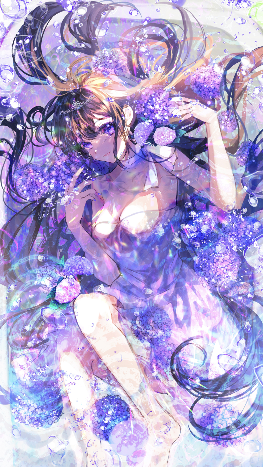 1girl absurdres breasts bride brown_hair choker cleavage commentary_request dress floating floating_hair flower highres hydrangea june long_hair looking_at_viewer lying mira_hidume nail_polish original purple_dress purple_eyes purple_nails solo strapless tiara underwater very_long_hair water wedding_dress