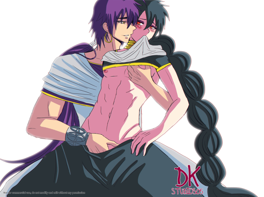 2boys abs dkstudios05 judal magi_the_labyrinth_of_magic male_focus multiple_boys muscular purple_hair sinbad_(magi) smile undressing yaoi