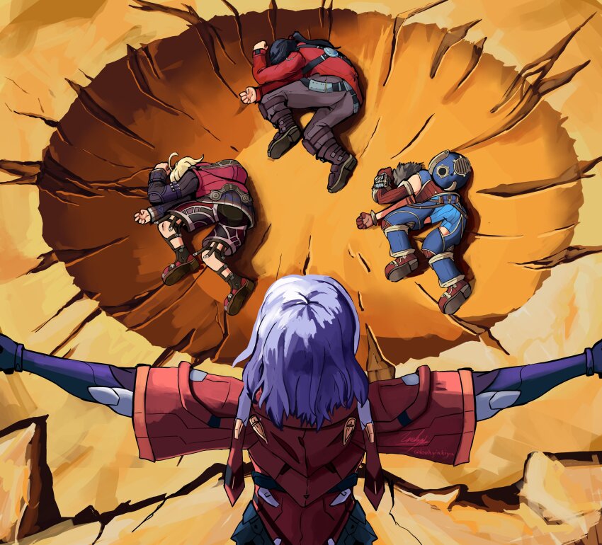 1girl 3boys absurdres black_hair dragon_ball dragonball_z elma_(xenoblade_x) group_picture highres jacket long_hair loukyiakiya meme missing_commentary multiple_boys noah_(xenoblade) purple_hair red_jacket rex_(xenoblade) short_hair shulk_(xenoblade) t-pose xenoblade_chronicles_(series) xenoblade_chronicles_1 xenoblade_chronicles_2 xenoblade_chronicles_3 xenoblade_chronicles_x yamcha_pose_(meme)