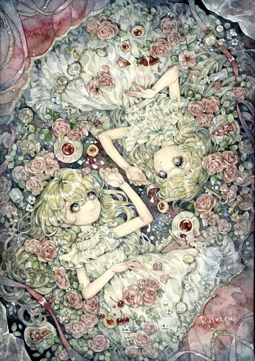 2girls blonde_hair blue_eyes cherry commentary_request cup dress expressionless flower food fruit highres key long_hair looking_at_another lying multiple_girls on_back original painting_(medium) rose rotational_symmetry rusetsuksr siblings sisters smile tea teacup traditional_media twins watercolor_(medium) white_dress