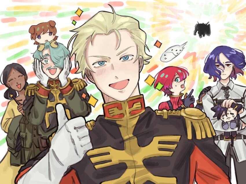 amate_yuzuriha cat_girl challia_bull char_aznable dog_boy gundam gundam_gquuuuuux highres jacket lalah_sune mecha military_jacket military_uniform mobile_suit multiple_boys multiple_girls neo_zeon nyaan_(gundam_gquuuuuux) robot shuji_ito xavier_olivette z_pom zeon