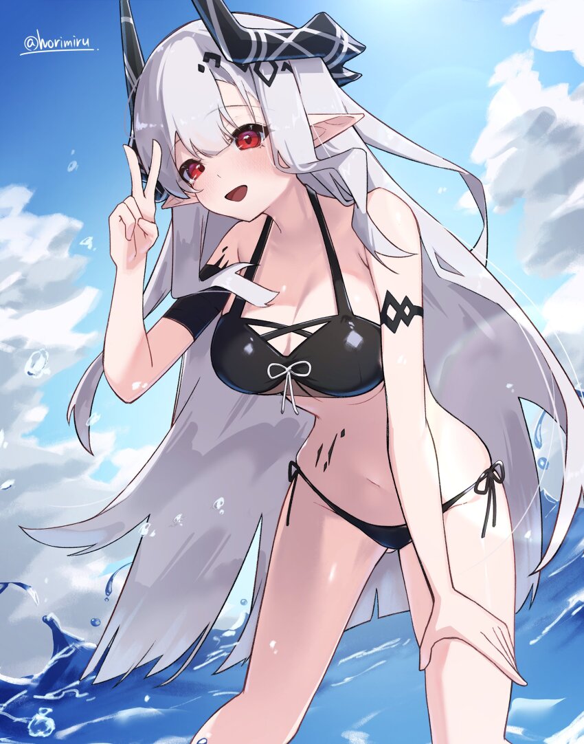 1girl :d absurdres arknights arm_up beach bikini black_bikini black_horns breasts cleavage commentary cowboy_shot day grey_hair groin hand_on_own_leg hand_on_own_thigh highres horns large_breasts leaning leaning_forward long_hair looking_at_viewer material_growth mudrock_(arknights) mudrock_(silent_night)_(arknights) navel official_alternate_costume open_mouth oripathy_lesion_(arknights) outdoors pointy_ears red_eyes side-tie_bikini_bottom smile solo standing swimsuit twintails v very_long_hair wading water worimehl