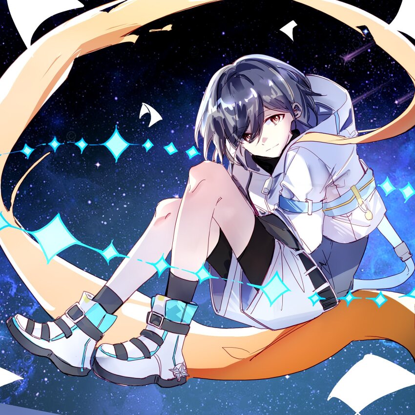1girl bang_dream! bang_dream!_it&#039;s_mygo!!!!! brown_eyes grey_hair grey_shirt hair_between_eyes hibioes highres jacket shirt shoes short_hair shorts sky solo star_(sky) starry_sky starry_sky_background takamatsu_tomori white_jacket white_shoes white_shorts