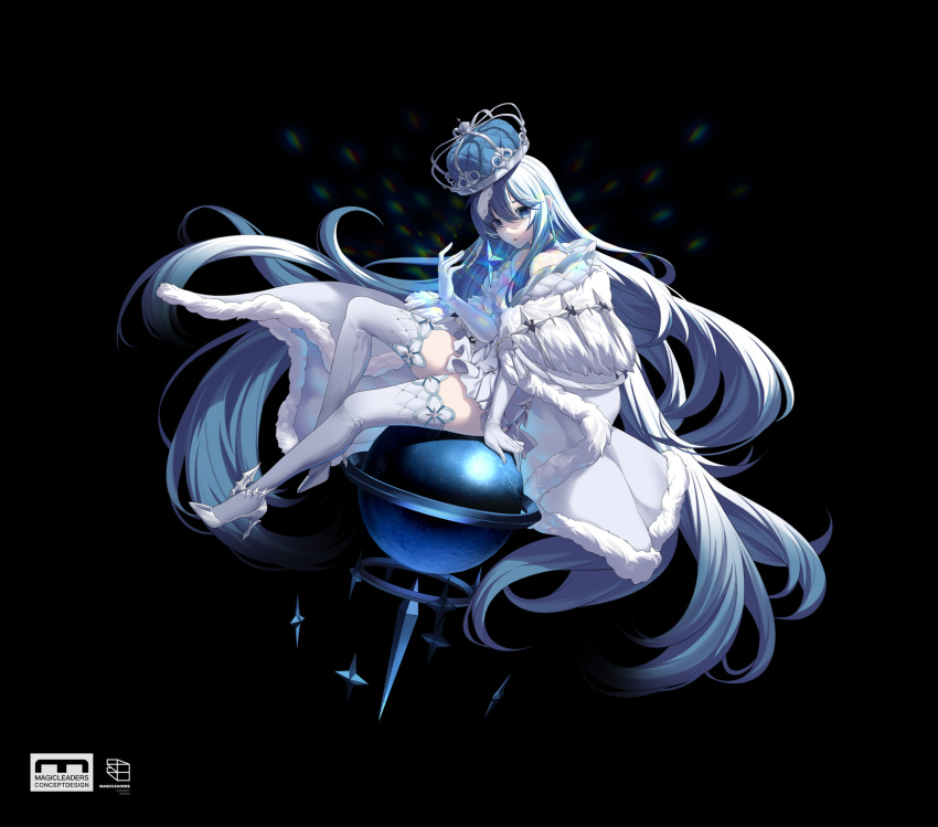 1girl absurdly_long_hair black_background blue_eyes blue_headwear breasts cartonbox_(zhixiang_zhi) chinese_commentary cleavage cloak commentary_request concept_art copyright_name crown dated_commentary dress elbow_gloves full_body fur-trimmed_cloak fur_trim gloves hair_between_eyes hand_up high_heels highres long_hair looking_at_viewer magicleaders medium_breasts parted_lips short_dress sitting solo star_(symbol) thighhighs very_long_hair white_cloak white_dress white_footwear white_gloves white_thighhighs