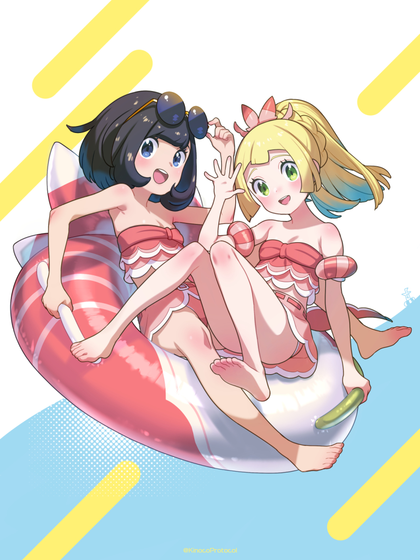 2girls alternate_costume barefoot flat_chest highres kinocopro lillie_(pokemon) multiple_girls nintendo pokemon pokemon_sm ponytail selene_(pokemon) swimsuit